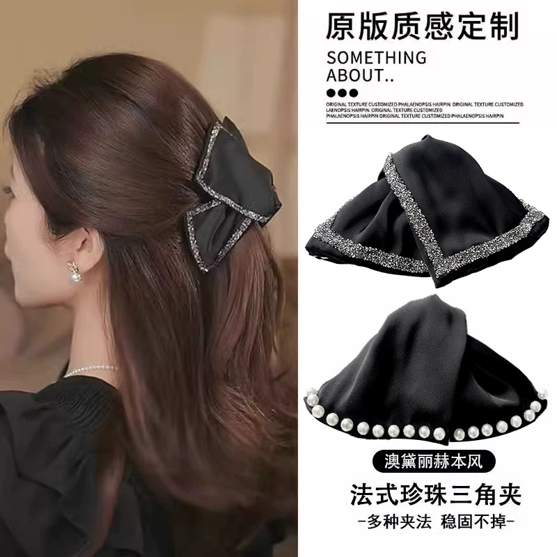 高级感奥黛丽赫本抓夹新款蝴蝶结发夹气质鲨鱼夹黑色发卡头饰发饰