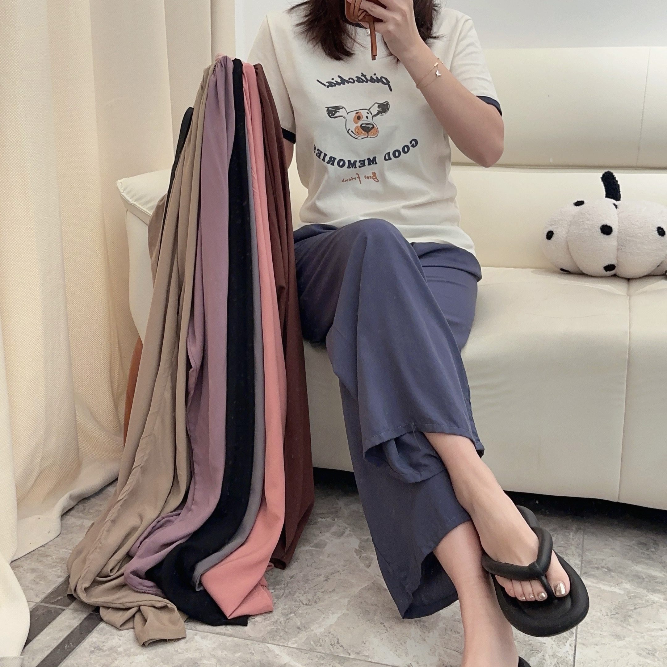 纯色春夏显瘦薄款夏季居家人棉绵绸睡裤沙滩九分宽松阔腿裤休闲