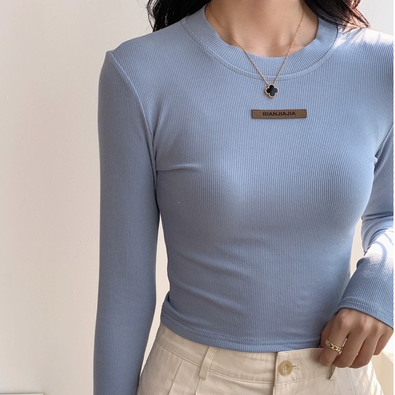 螺纹洋气长袖紧身圆领短款上衣设计感小众高腰打底衫正肩T恤女
