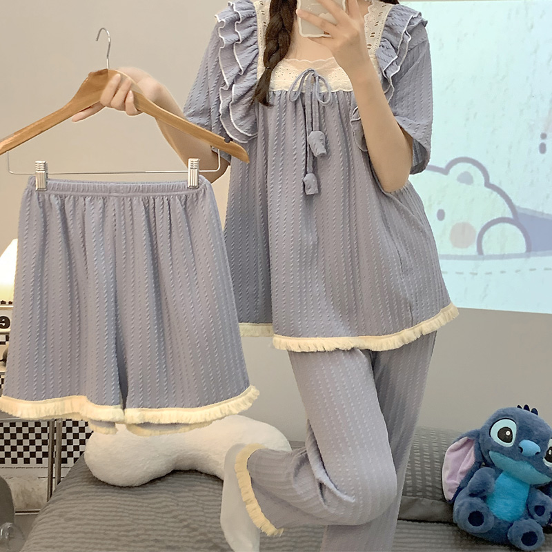 大码睡衣女春夏季新款短袖三件套加肥加大宽松胖MM夏天女士家居服