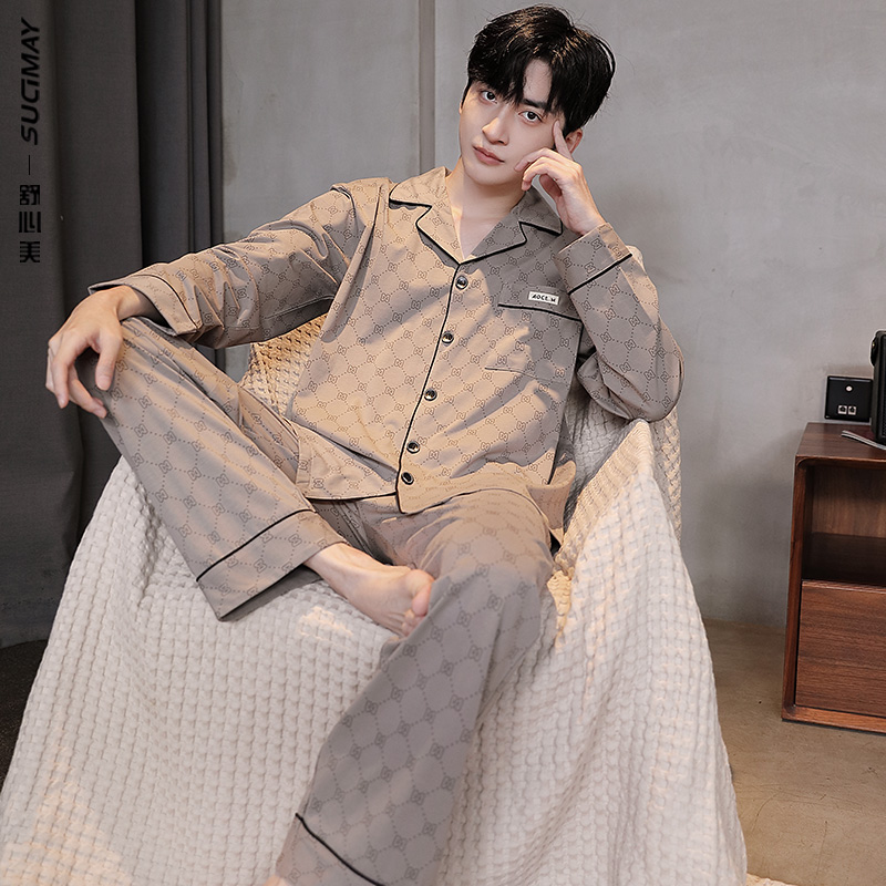 男士睡衣春秋款纯棉长袖翻领高级感时尚舒适家居服休闲外穿套装