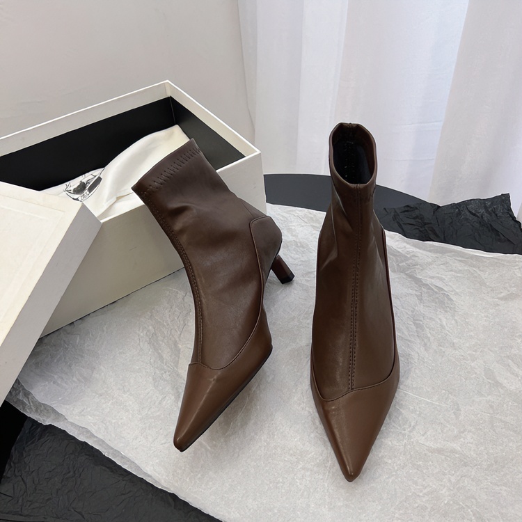 2024秋冬新款气质尖头小猫跟显瘦短靴女舒适软皮中跟弹力瘦瘦靴子