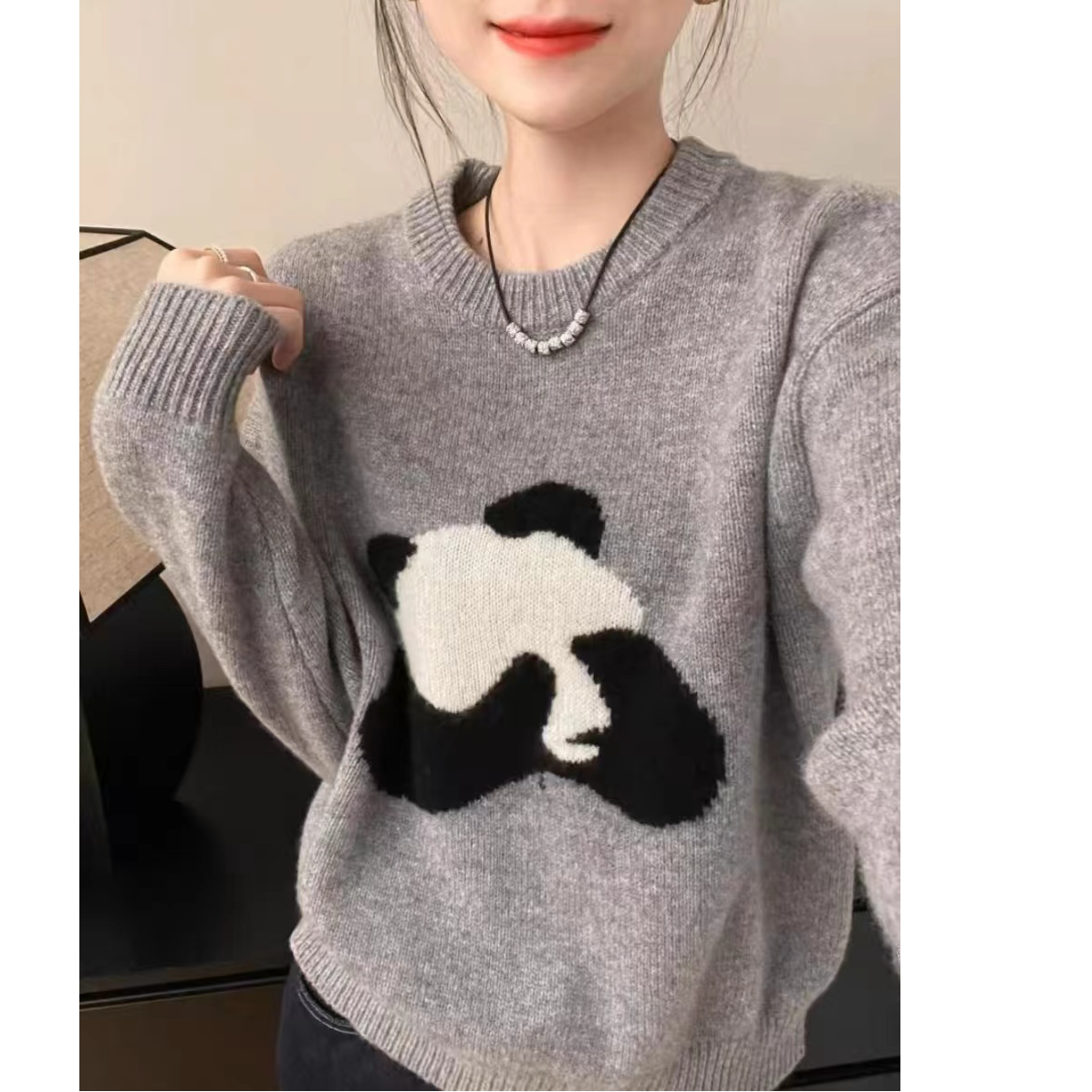 秋冬新款韩版大熊猫双面提花圆领针织衫套头毛衣1876