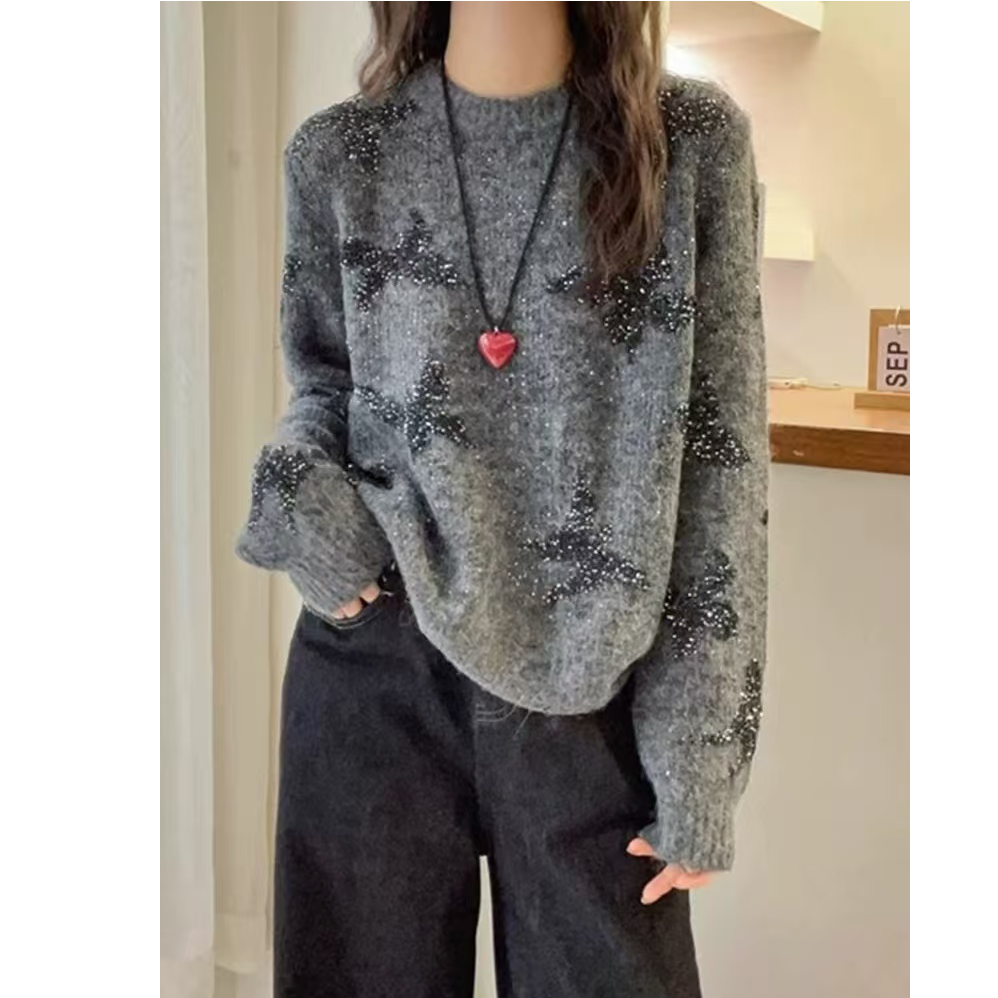 秋冬新款韩版蝴蝶亮片提花圆领长袖针织衫套头宽松毛衣女1603-4