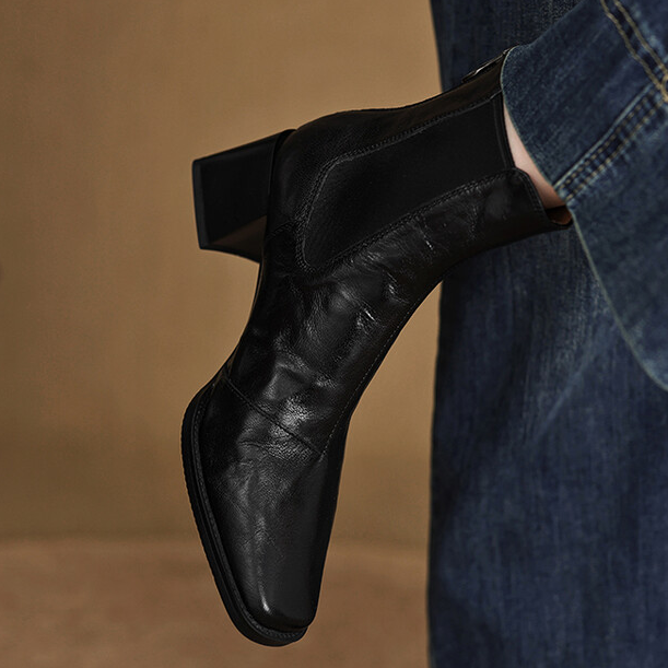 时尚复古5.5cm/头层羊皮新款秋冬切尔西女靴粗跟短靴女高跟马丁靴