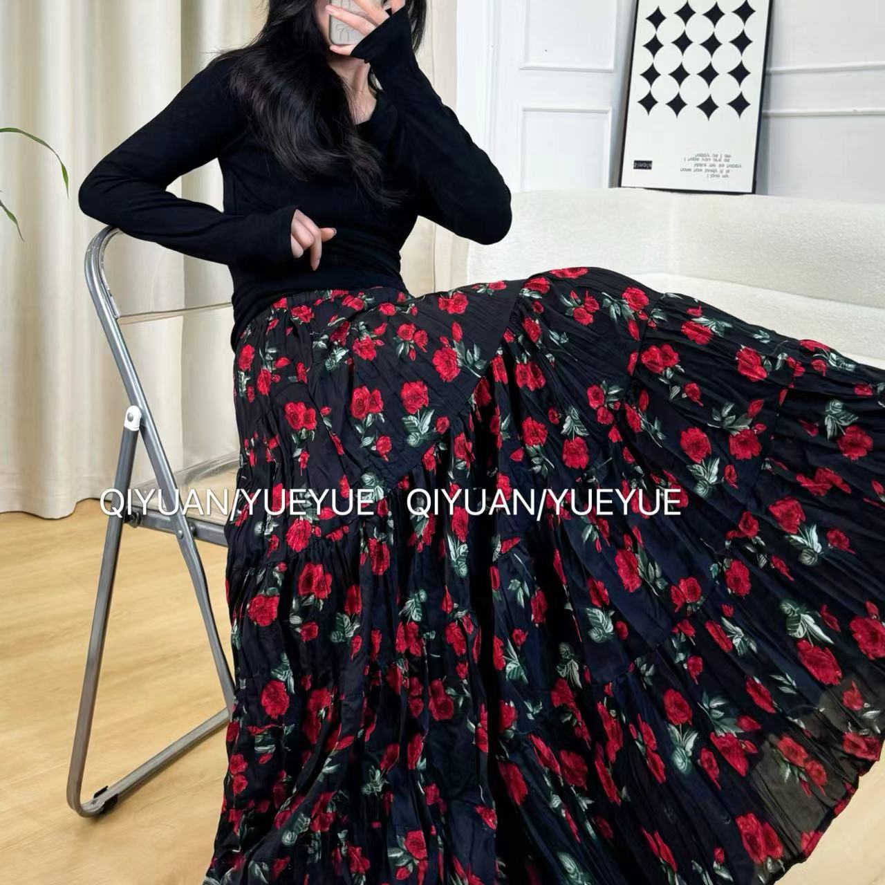 【红玫瑰】春季新款大裙摆有口袋碎花半身裙复古高腰显瘦气质长裙