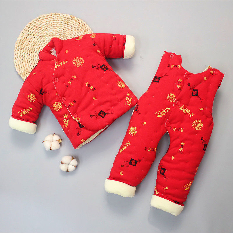 宝宝手工棉花棉衣大红色拜年服套装男女童秋冬加厚套装婴儿棉衣