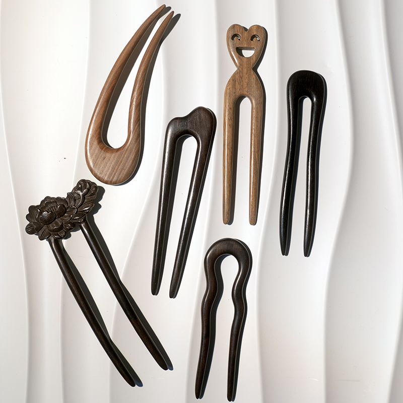 Zang又一雪 新檀木钗 中式小山有荷翘u波浪宽u发钗盘发髻黑绿檀木