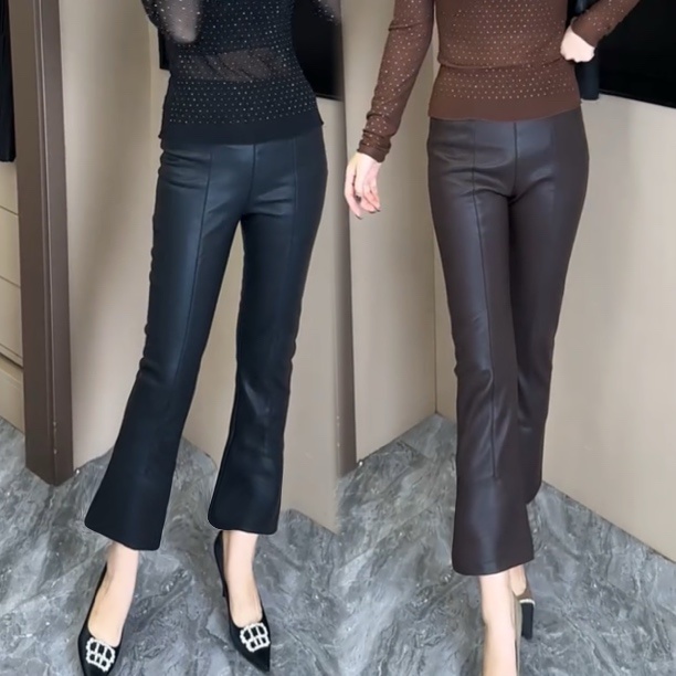 欧货皮裤女秋冬新款韩版显瘦百搭高腰微喇直筒裤蛋白皮仿皮九分裤
