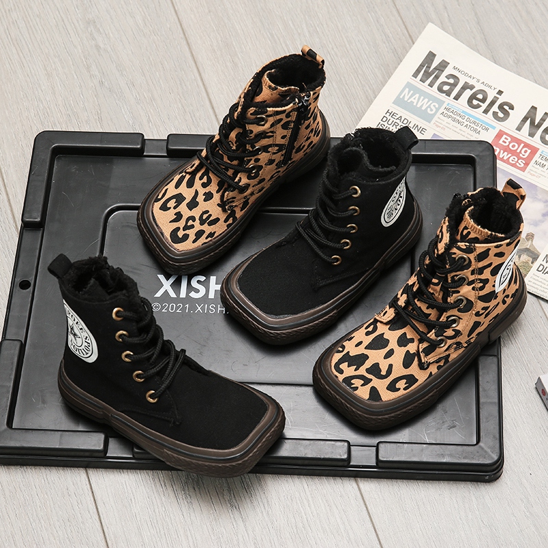 儿童棉鞋2024秋冬韩版方头大棉豹纹休闲保暖高帮加绒男童女童鞋子