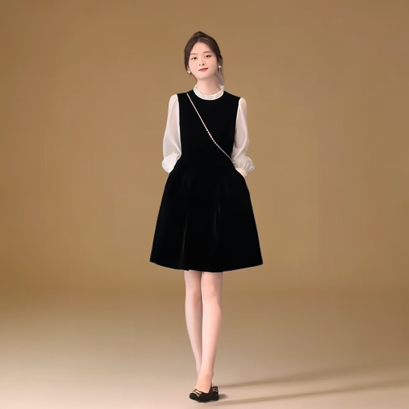 春秋穿搭高级感小个子法式长袖赫本风连衣裙拼接超好看绝美小裙子