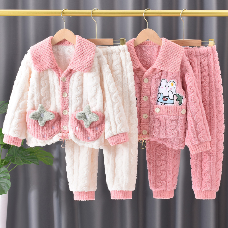 女童睡衣儿童秋冬珊瑚绒加厚款套装女孩洋气卡通法兰绒大童家居服