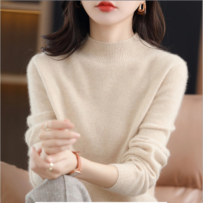 【一线成衣】半高领羊毛衫女100%纯羊毛针织打底衫新款时尚宽松毛衣