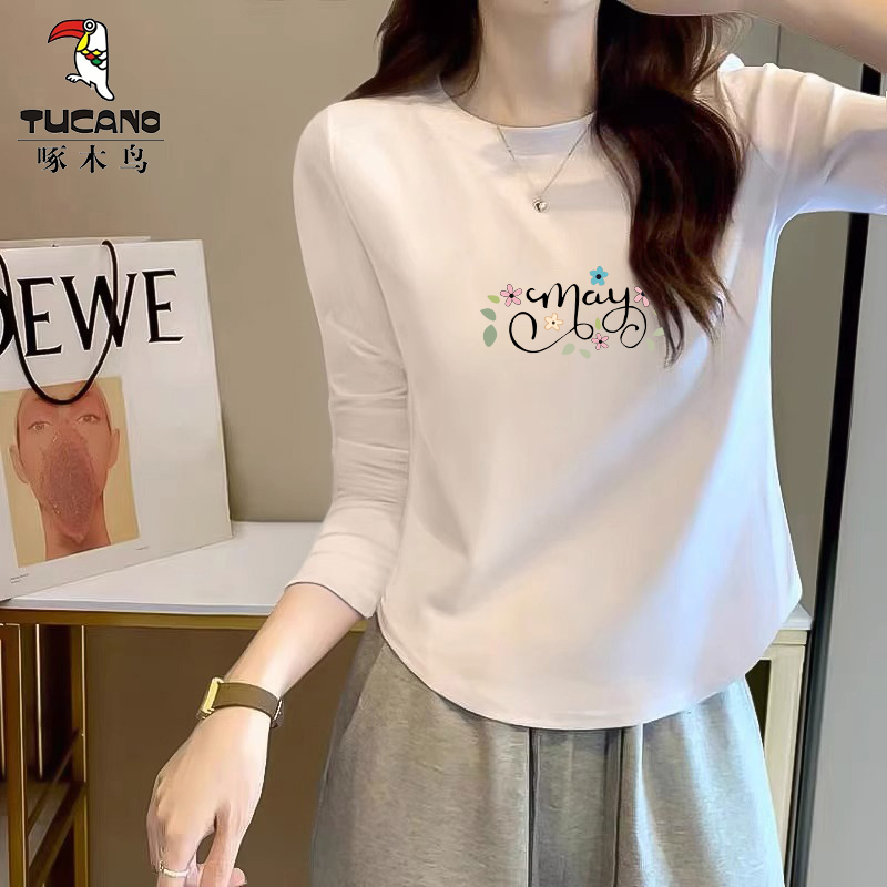啄木鸟正品2024年春秋季长袖t恤女装打底衫休闲修身显瘦气质上衣