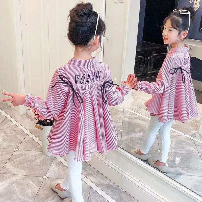 小孩女童衬衫新款儿童装韩版刺绣上衣宝宝春秋装秋季长袖条纹衬衣
