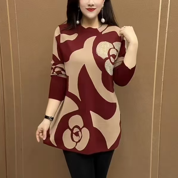 中老年妈妈时尚洋气高档2025秋冬新款印花大码百搭精品针织打底衫