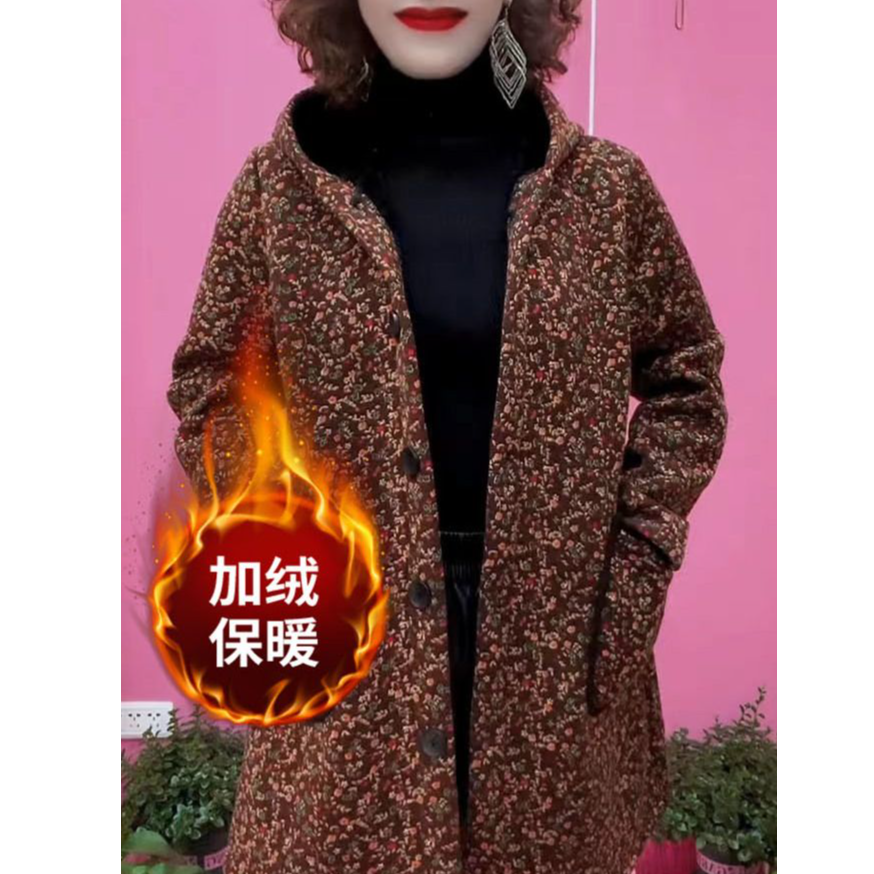 冬季新款洋气印花双兜连帽宽松休闲保暖外套加绒加厚中年妈妈大衣