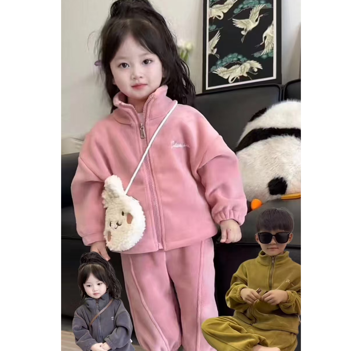 儿童秋冬加绒加厚保暖套装韩版男童女童奥利绒俩件套中大童