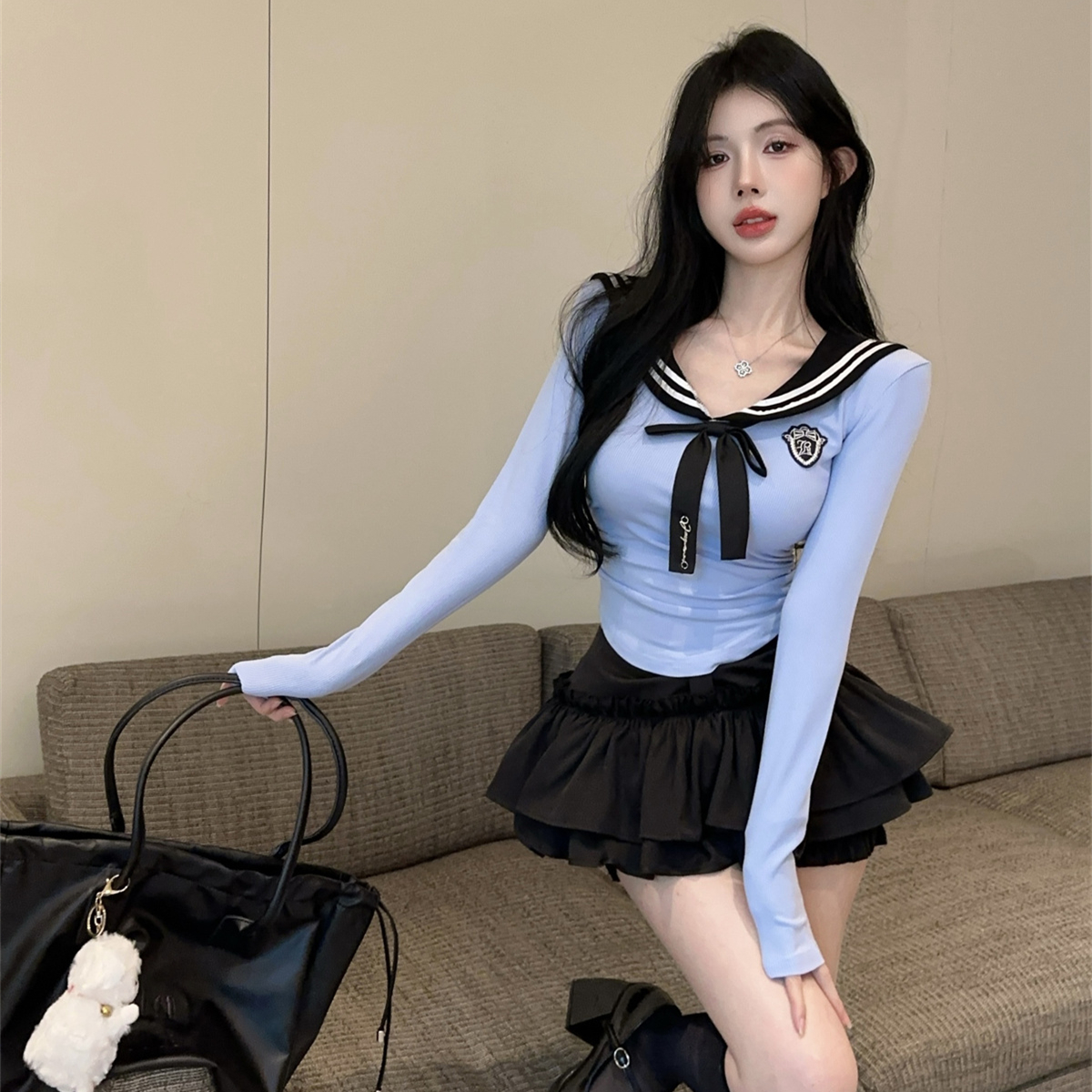 辣妹JK套装减龄海军领拼接女装上衣百搭蛋糕短裙学院风两件套秋季