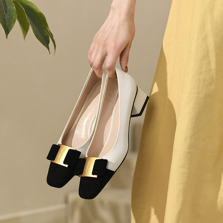 真软皮拼色小香风粗跟单鞋夏秋2025新款中跟软底妈妈鞋浅口高跟鞋