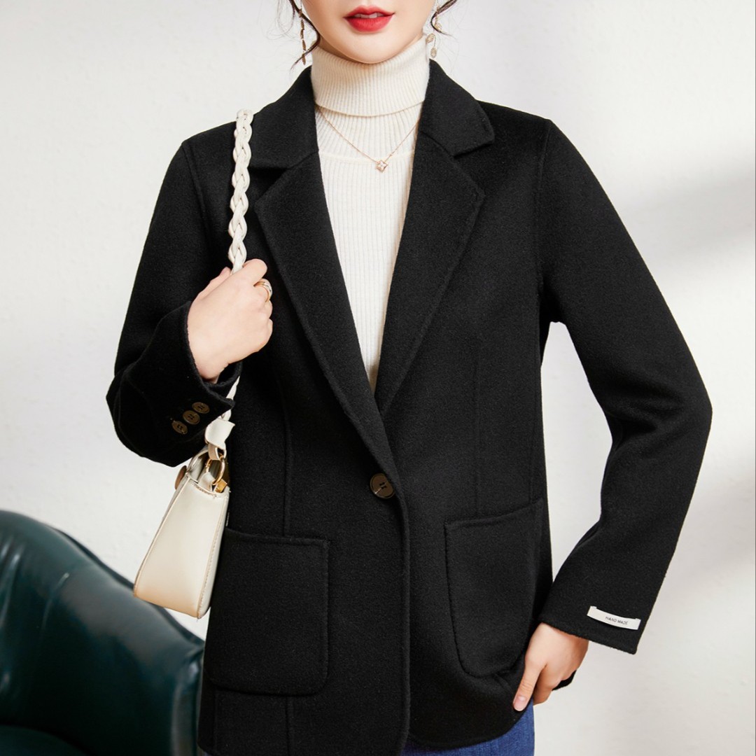 秋冬高端新款气质修身款西装领100%全羊毛双面呢大衣外套