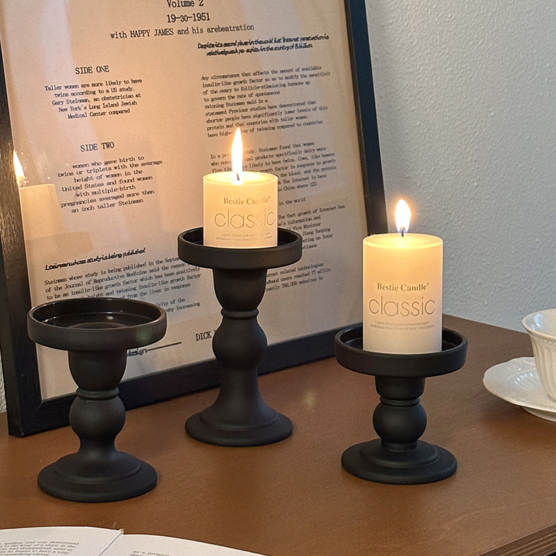 复古黑色罗马柱烛台玻璃摆件蜡烛香薰台座法式家用餐桌氛围感装饰