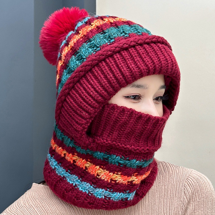 冬季彩色针织毛线帽子女加绒防风防寒保暖户外骑车面罩围脖一体帽