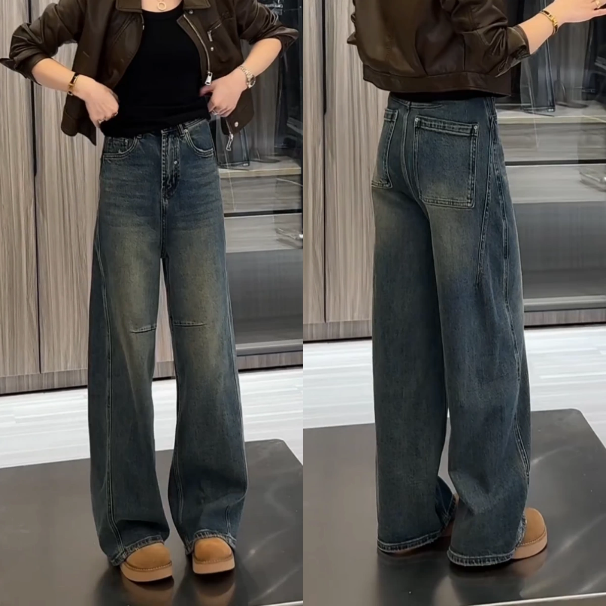 2025秋冬新款胖mm大码高腰宽松显瘦弯刀裤复古蓝阔腿裤牛仔裤子