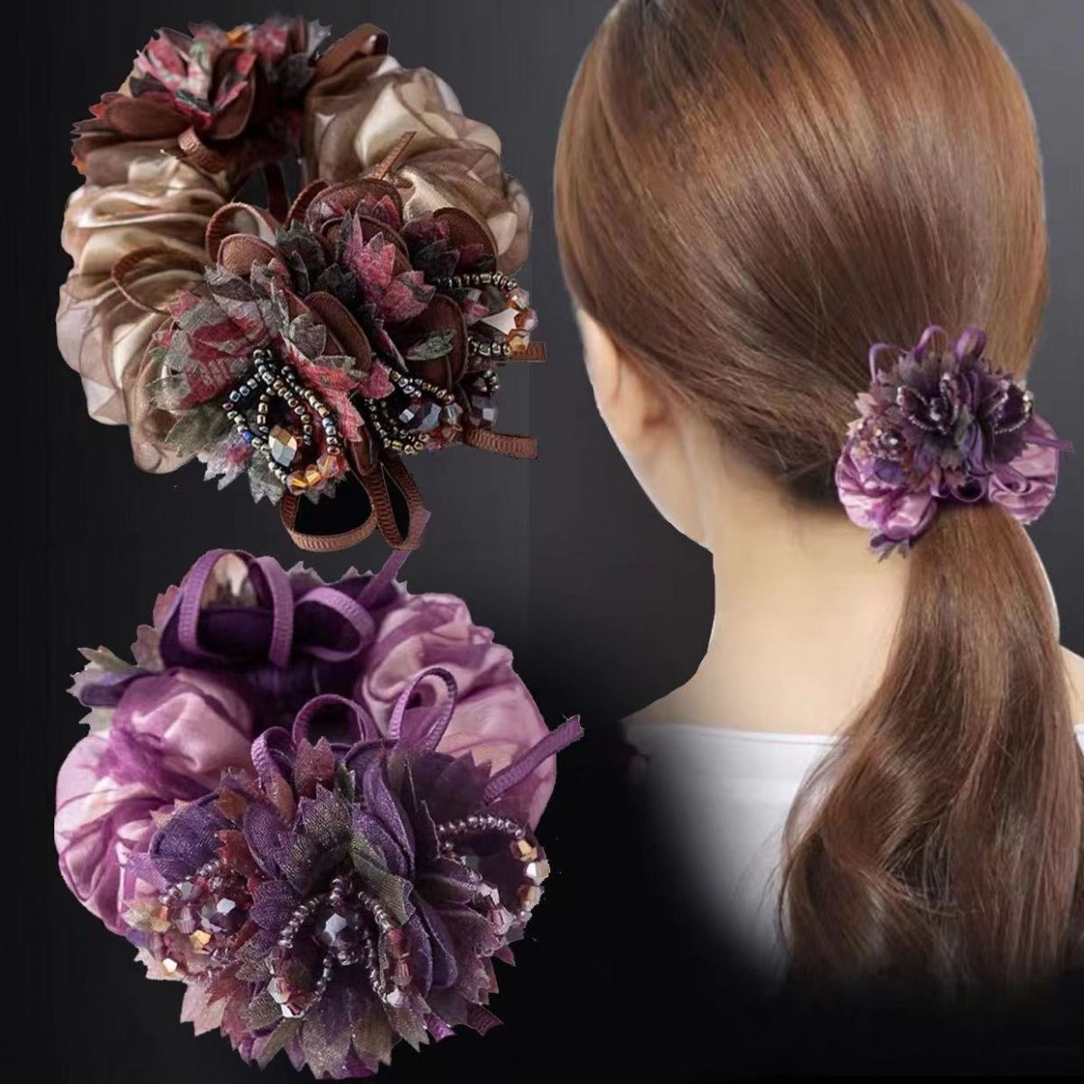 双头花朵百搭简约气质成人韩版盘发丸子头大肠发圈妈妈布艺头饰