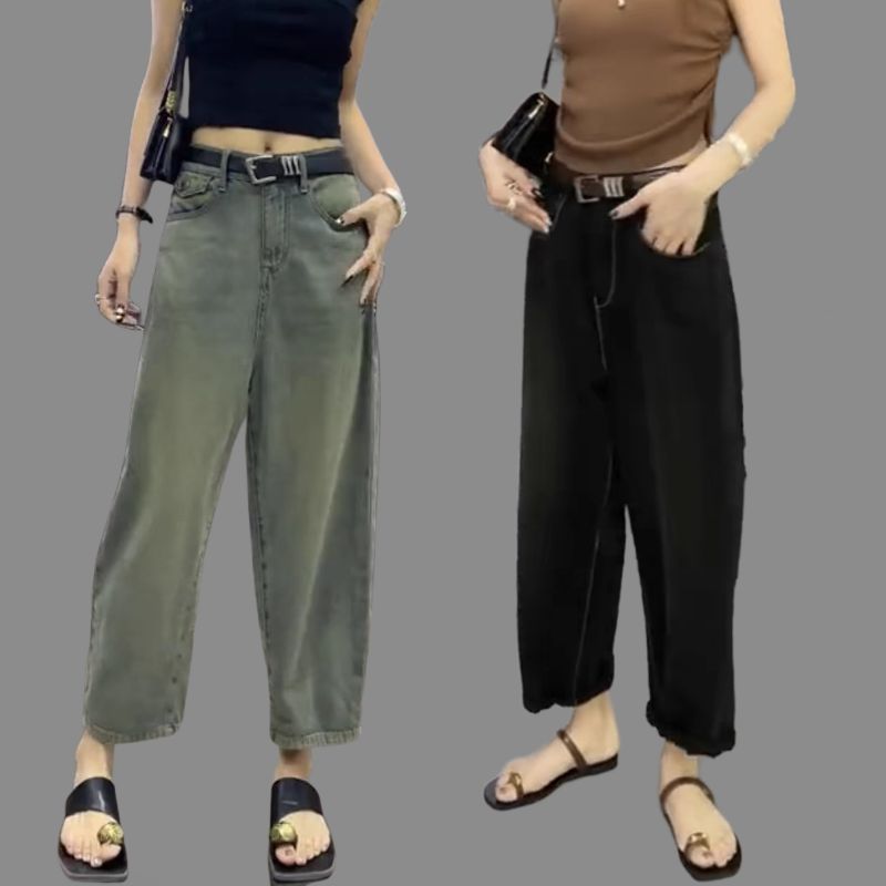 梨形身材大码秋季款宽松阔腿牛仔裤女微胖mm小个子显瘦九分香蕉裤