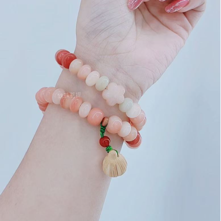 胭脂粉菩提双圈手串算盘珠精致小桃花并蒂莲心莲蓬文玩手作菩提子