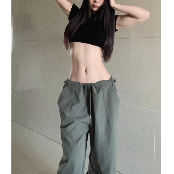 抽绳休闲裤女裤春季工装裤宽松高腰长裤垂感直筒阔腿裤时尚拖地裤