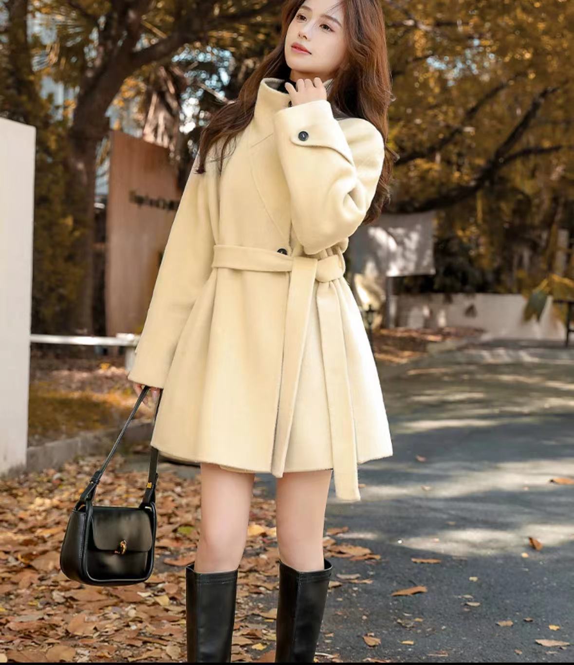 【阳一一】【98023】秋冬新款双面羊毛大衣系带韩版通勤毛呢外套