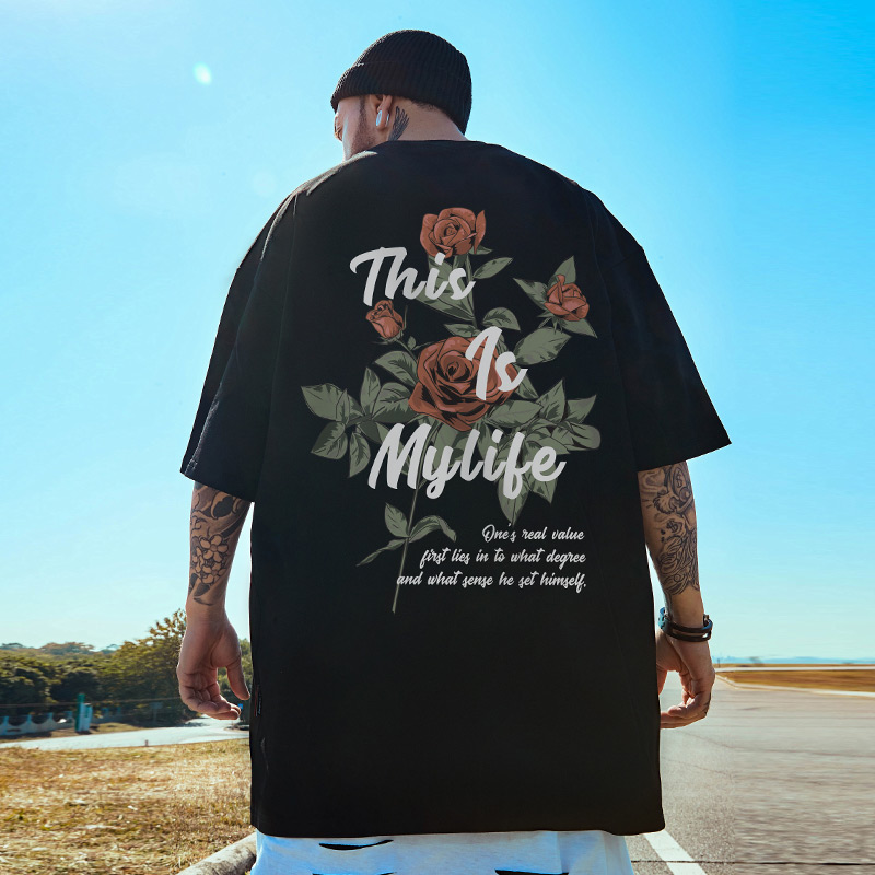 【重磅300g】美式玫瑰印花潮牌宽松T恤简约短袖大码码纯棉男装半袖