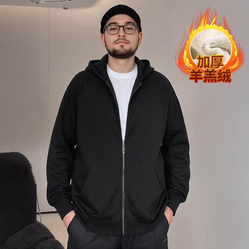 羊羔绒加肥加大码男装胖子卫衣加绒加厚宽松连帽衫秋冬款外套男士