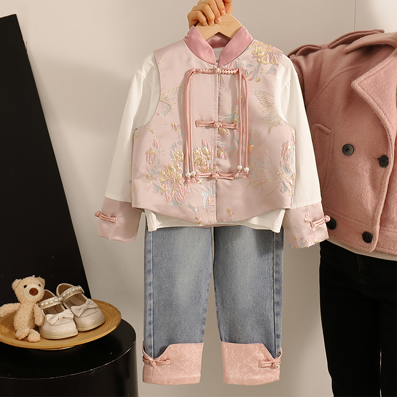 女童秋季绣花春秋新中式古装汉服牛仔裤三件套小女孩春装新款秋冬