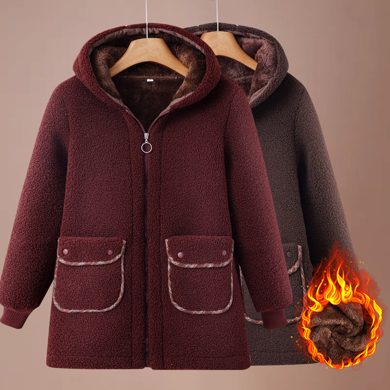 颗粒绒外套妈妈连帽卫衣加绒保暖洋气上衣中老年人衣服奶奶秋冬装