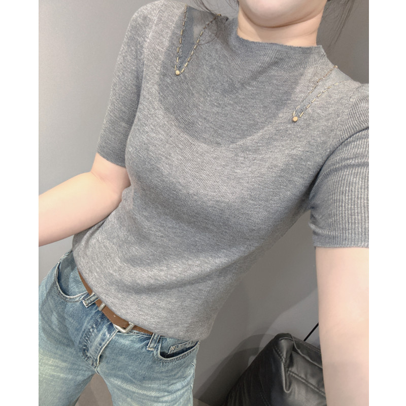 秋装新款拼接蕾丝短袖针织衫女弹力紧身半高领毛衣打底衫镂空上衣