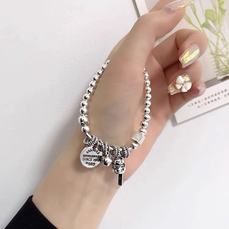 925银手链 通体纯银复古做旧招财猫字母圆牌圆珠弹力手链新款百搭