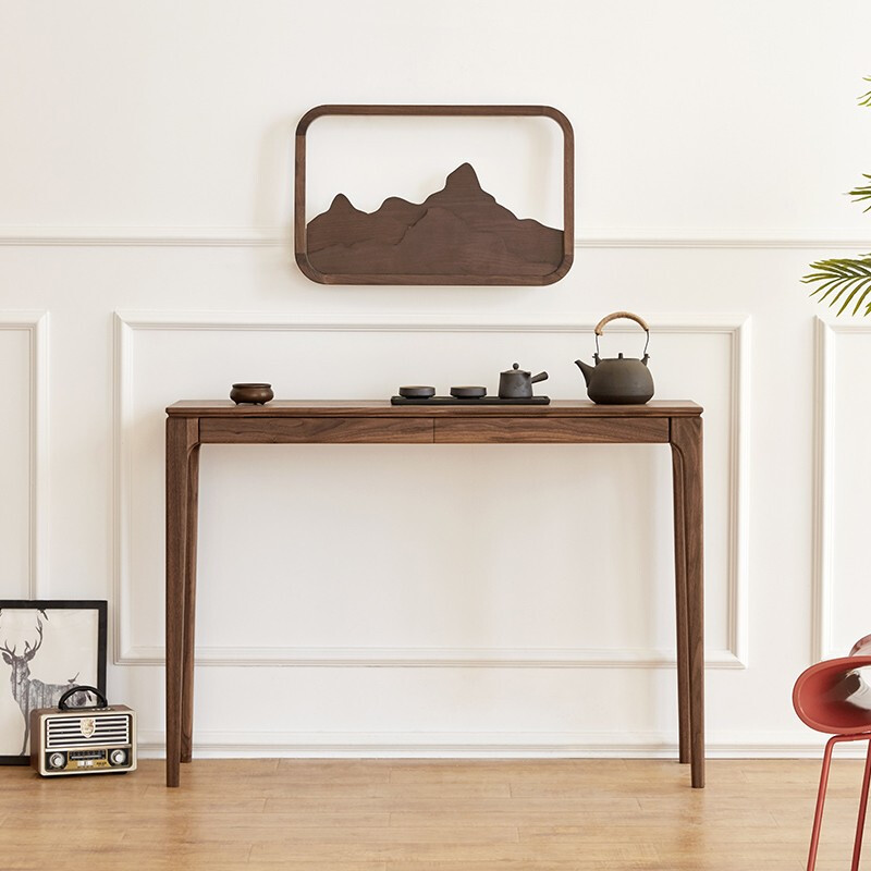 戏木现代简约条案黑胡桃木家用窄桌北欧玄关供桌条几实木新中式