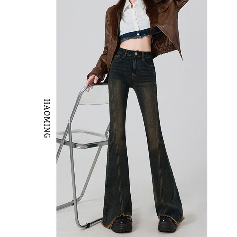 复古美式微喇牛仔裤女秋冬款2025年高腰显瘦毛边拖地喇叭马蹄裤子