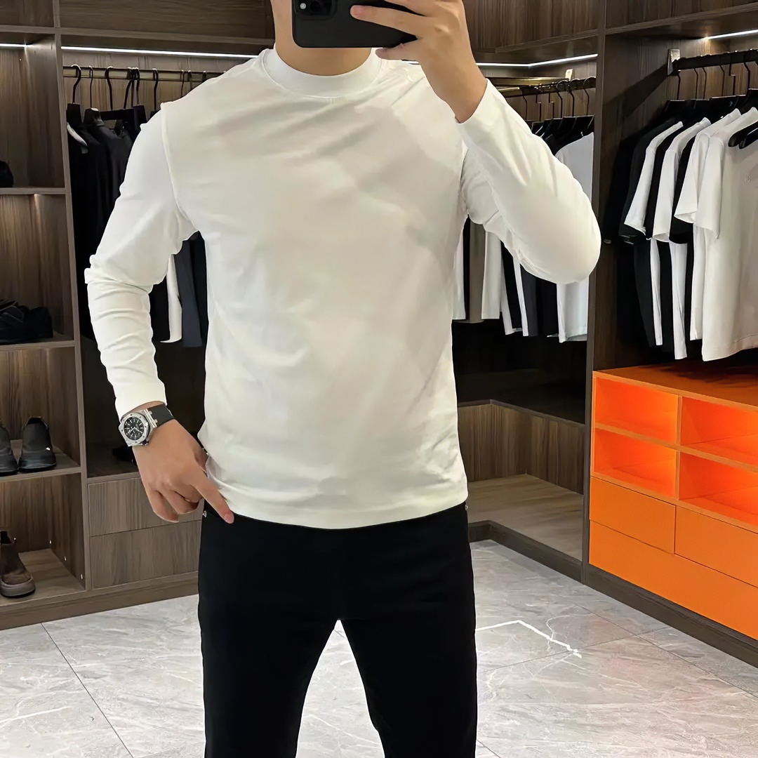 2025春秋季高品质纯棉净版纯色潮牌长袖t恤男修身轻奢简约打底衫