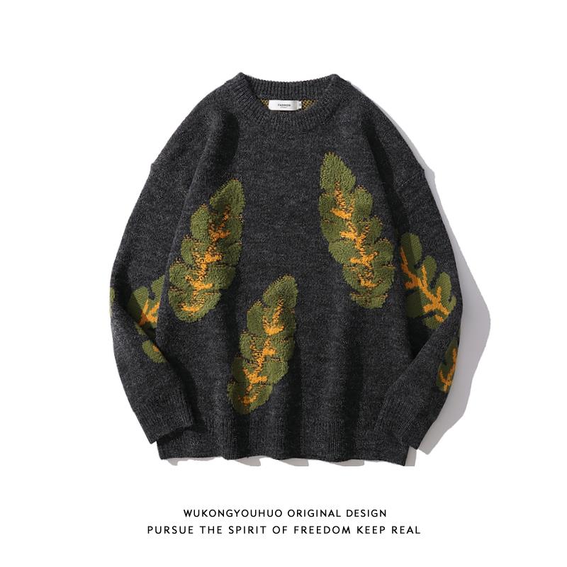 悟空有货复古树叶提花圆领针织衫男潮牌宽松圆领休闲保暖毛衣外套