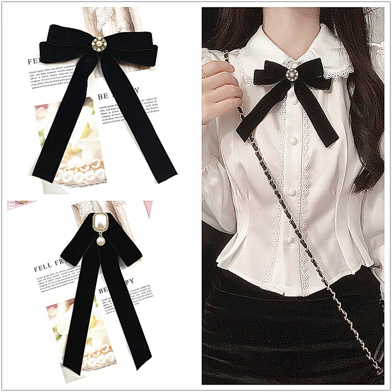 小香风黑色丝绒领结女