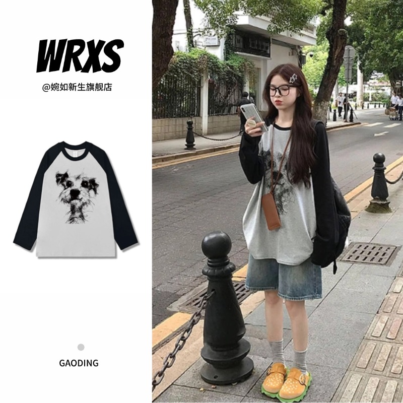 【婉如新生】美式撞色小狗印花纯棉长袖t恤女宽松上衣外穿打底衫秋