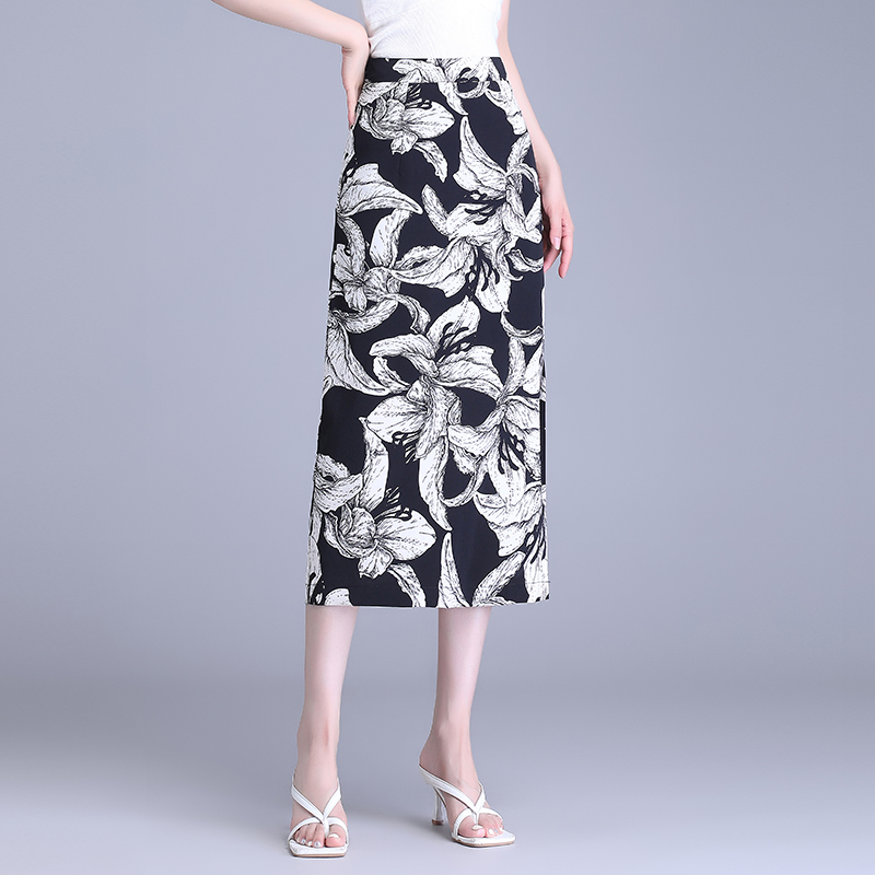 早秋款侧开叉一步裙女夏季新款垂感显瘦半身裙中长款直筒包臀花裙