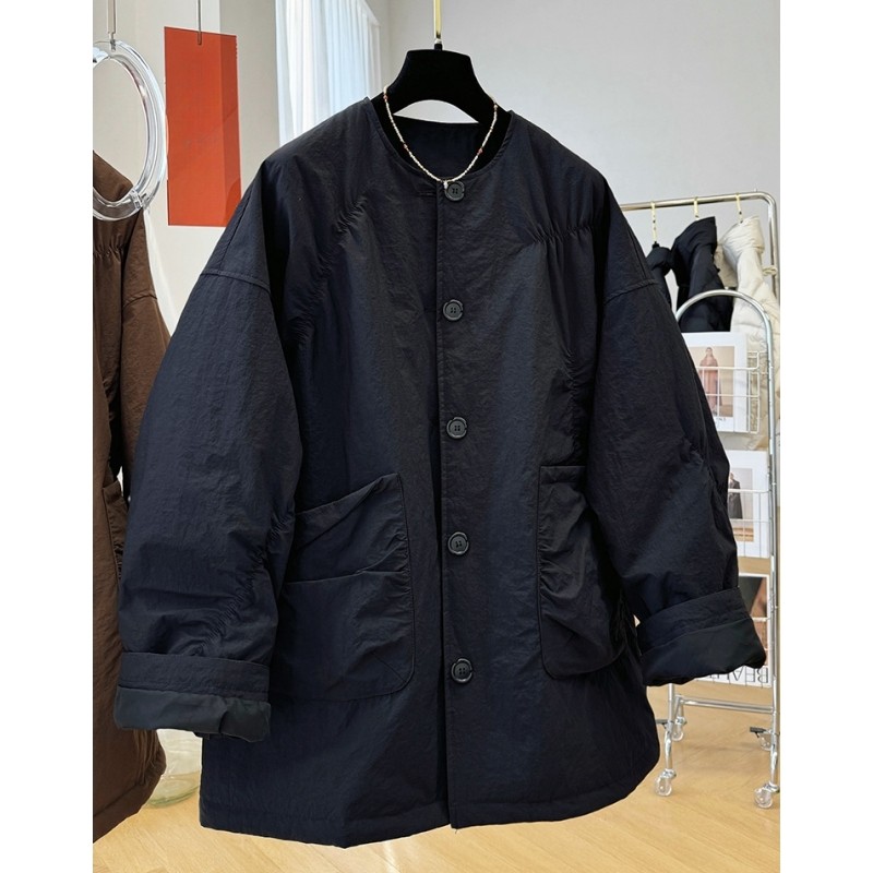 韩系设计感宽松慵懒风圆领中长款夹棉外套女秋冬超好看薄棉服棉衣