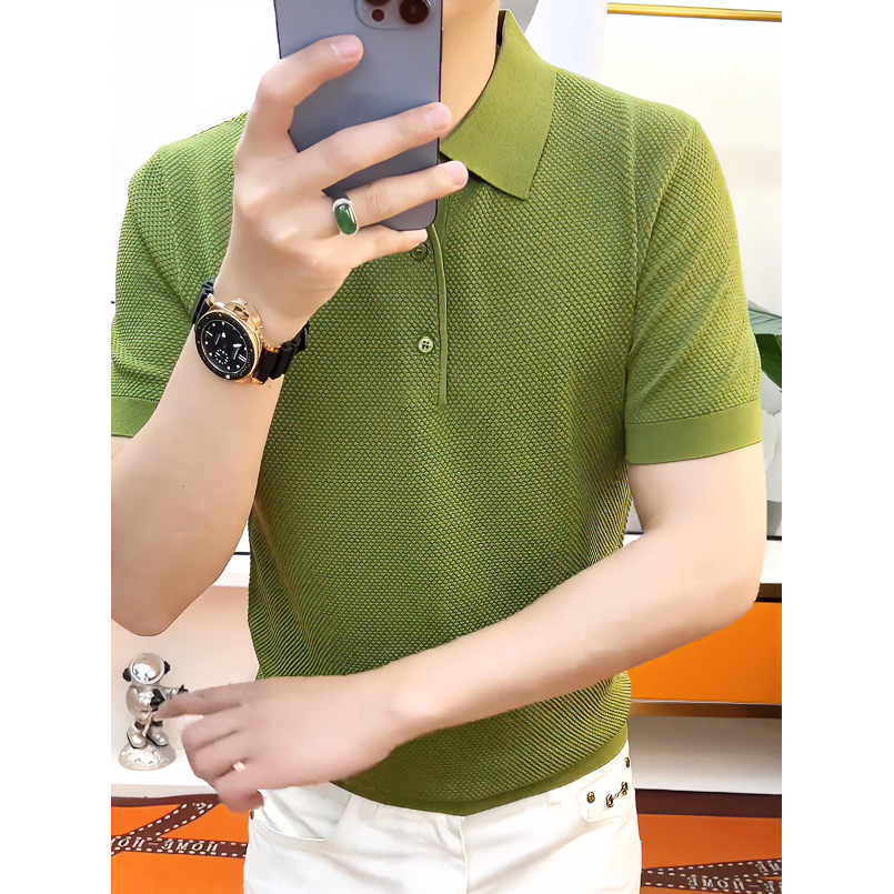 男士冰丝伊力特polo衫领针织短袖2025秋款菠萝针提花休闲百搭欧货
