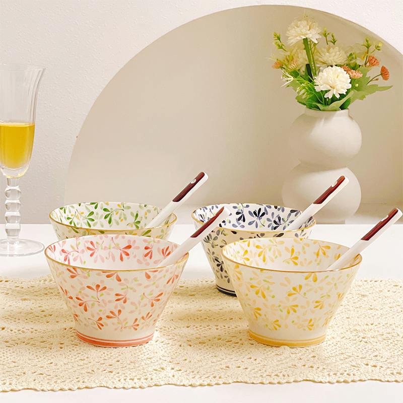 斗笠碗4碗4勺四季繁花陶瓷米饭碗5英寸家用釉下彩防烫网红餐具
