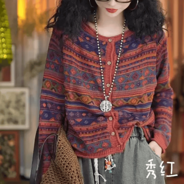 2024新款秋季大码宽松圆领复古港风花色针织开衫女士时尚长袖上衣